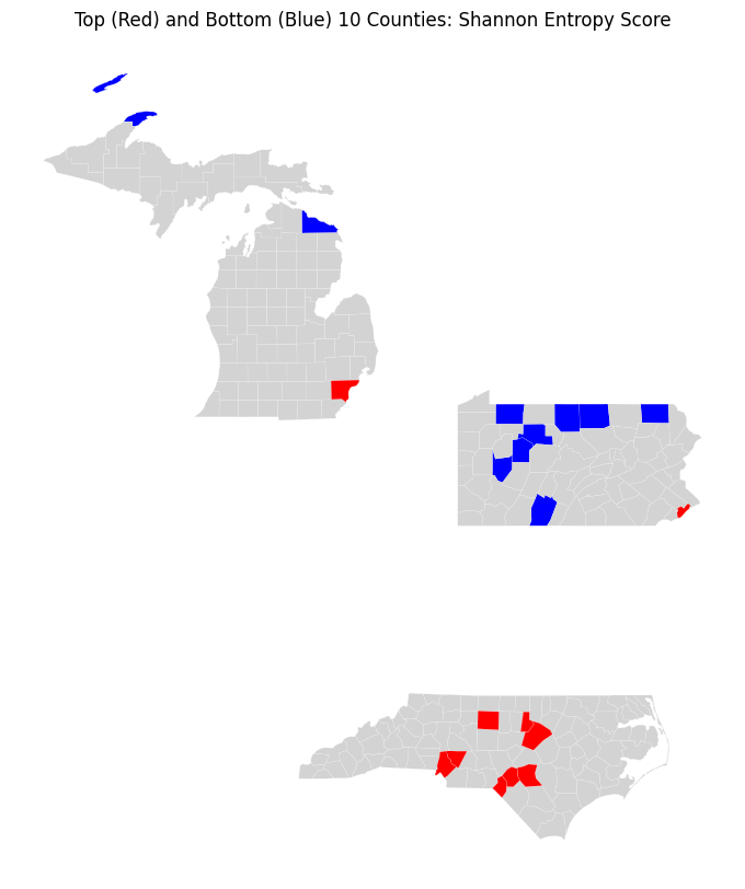 Map highlighting the top 10 and bottom 10 counties by Shannon entropy racial diversity score