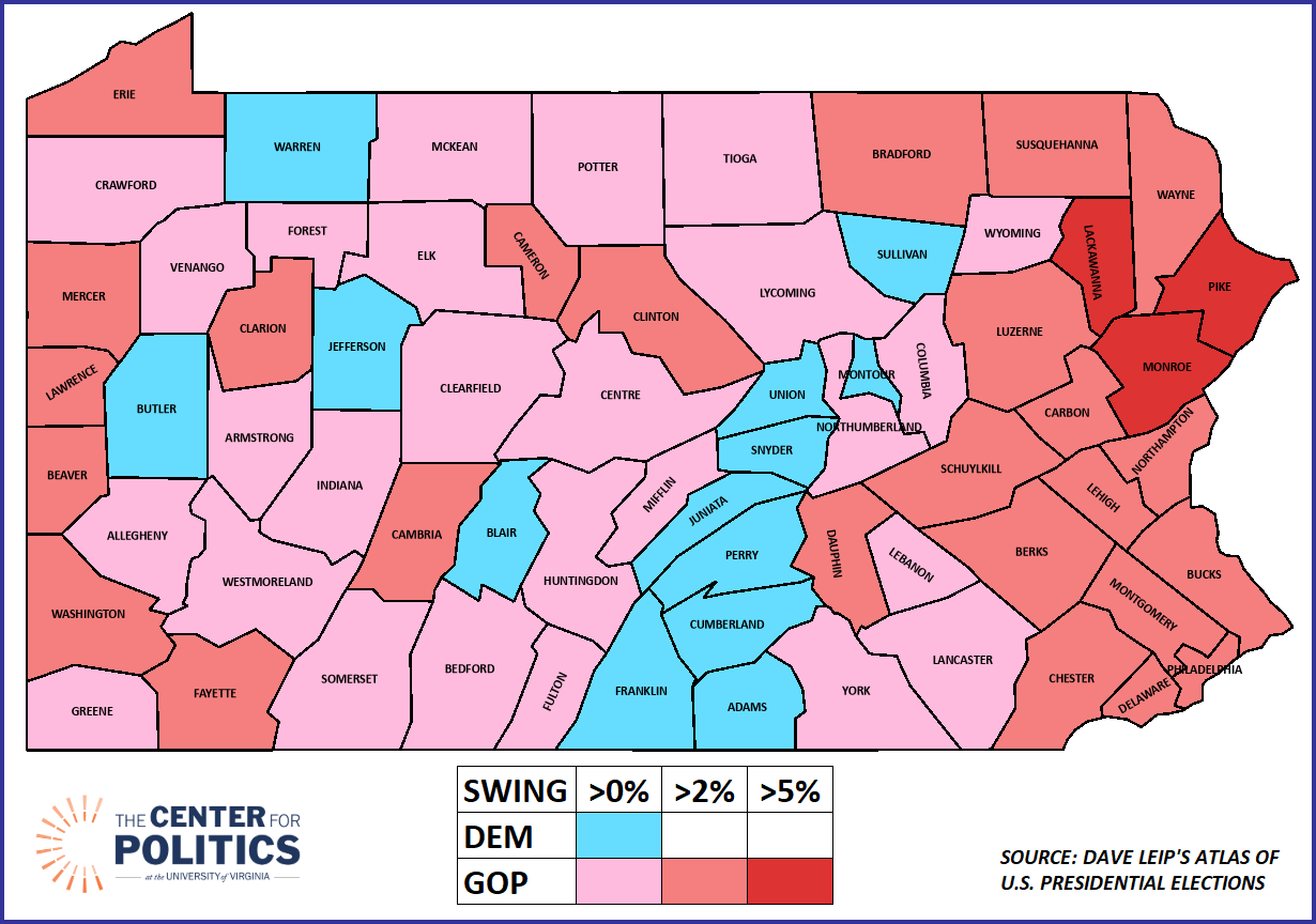 Pennsylvania county-level swing map showing Democratic and Republican vote shifts by county