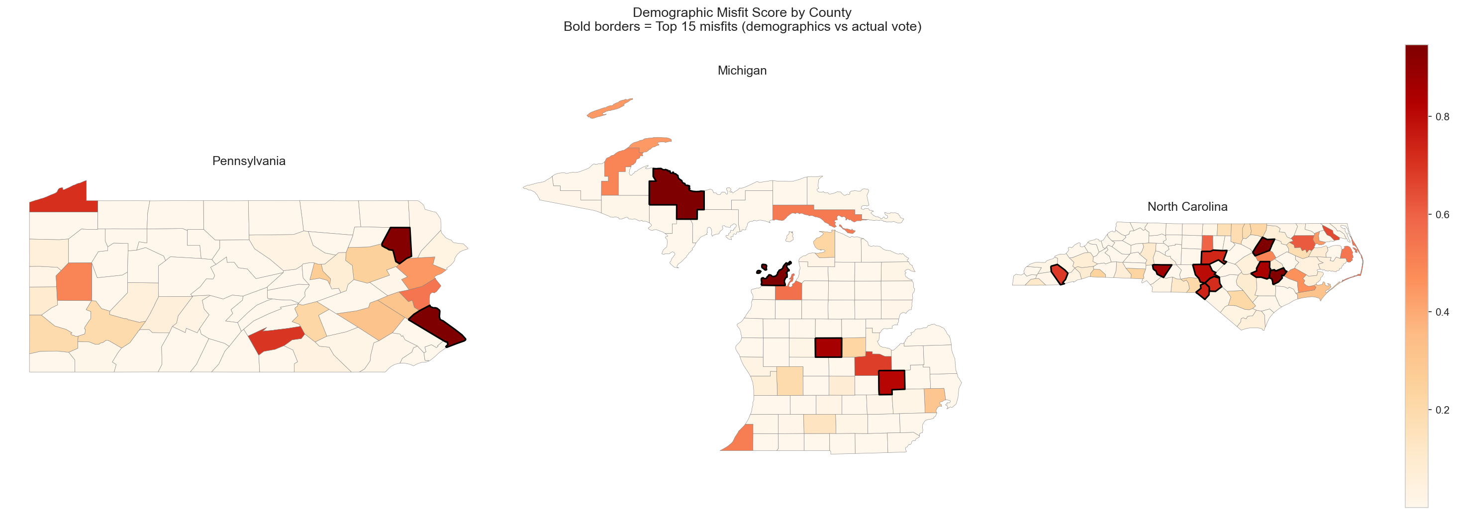 Choropleth map of misfit scores across PA, MI, and NC