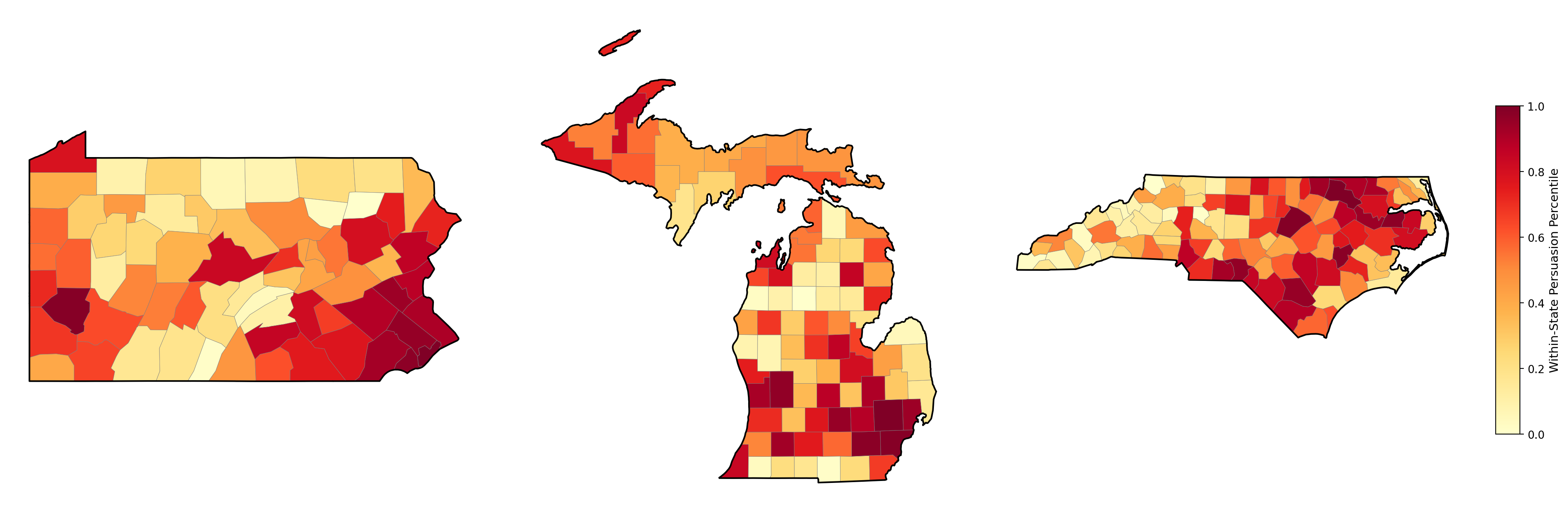 Three-state PersuasionScore choropleth for Pennsylvania, Michigan, and North Carolina.