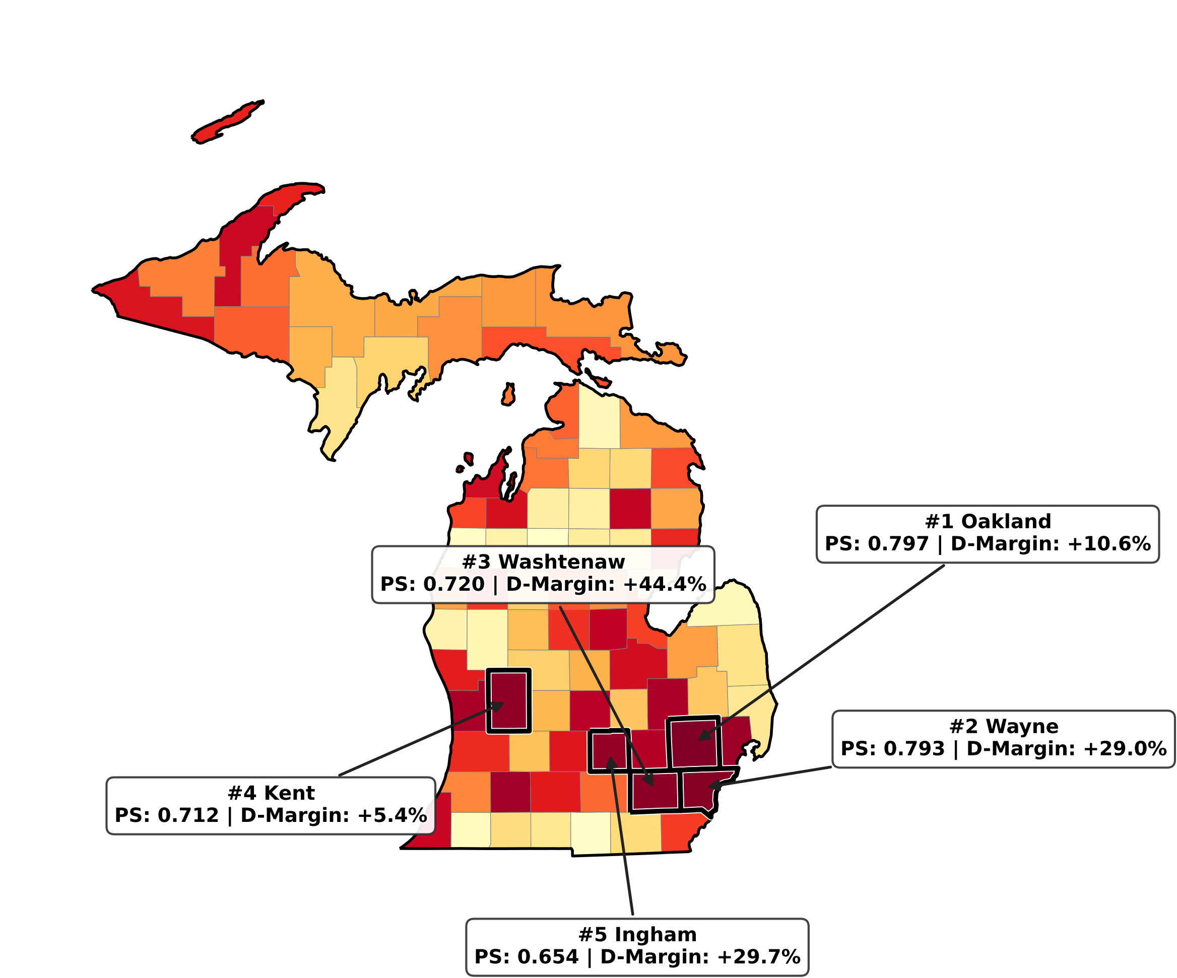 Michigan map highlighting the top five PersuasionScore counties.