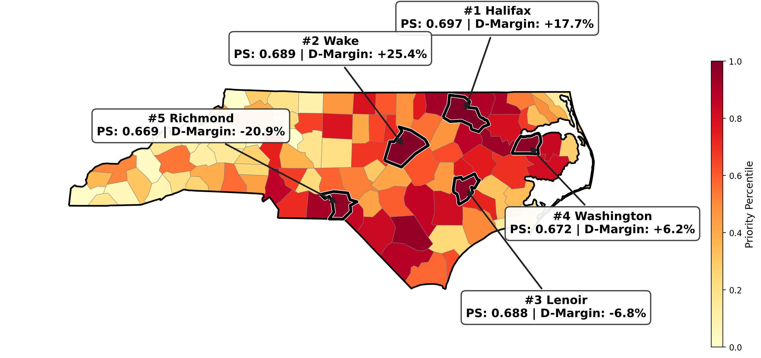 North Carolina map highlighting the top five PersuasionScore counties.