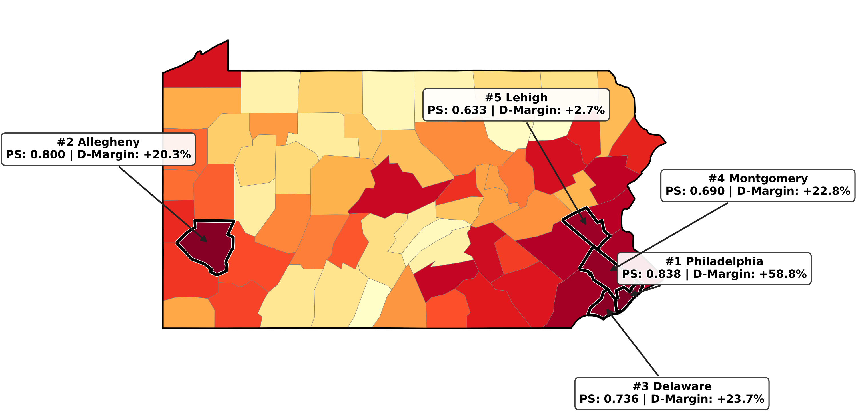 Pennsylvania map highlighting the top five PersuasionScore counties.