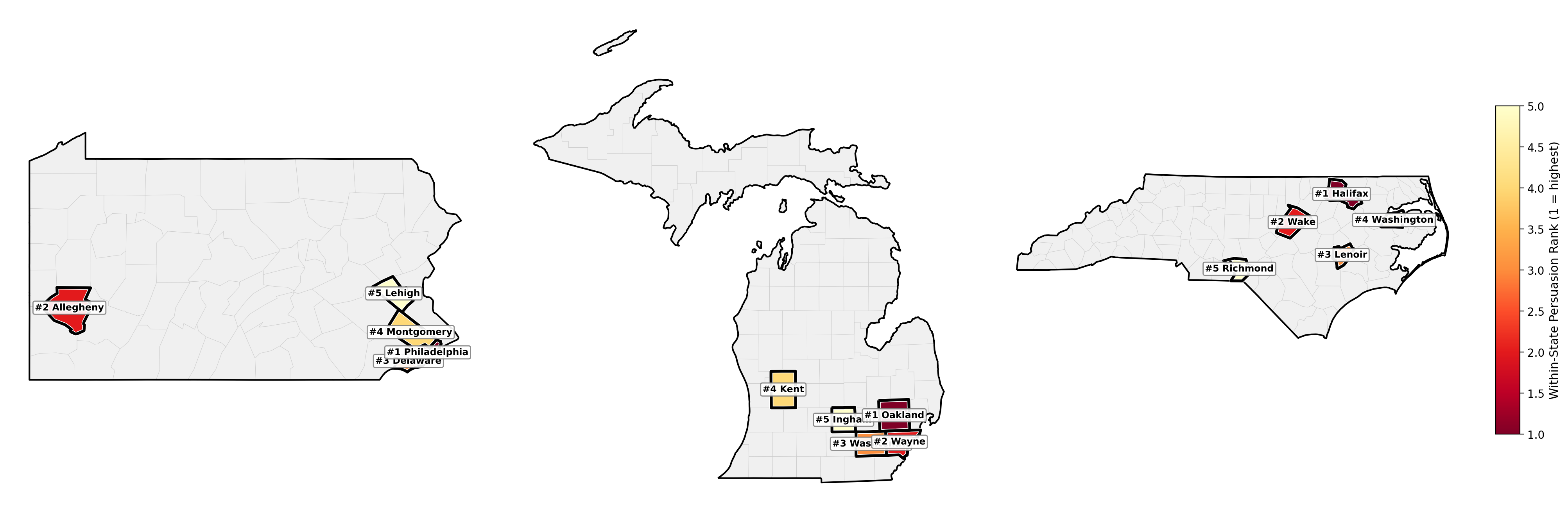 Three-state map highlighting the top five PersuasionScore counties in each state.