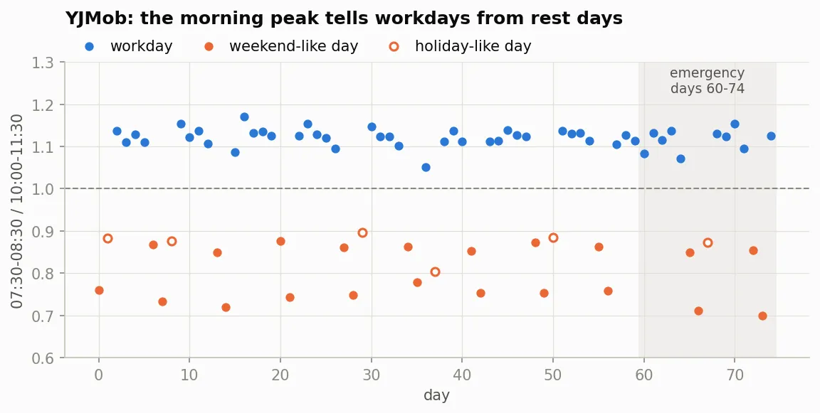 Scatter chart with one dot per day, days 0 to 74. The vertical axis is the ratio of the observation rate at 07:30 to 08:30 over the rate at 10:00 to 11:30. Workdays form a band between 1.05 and 1.17. Weekend-like and holiday-like days form a band between 0.70 and 0.90. A dashed line at 1.0 separates the bands, and the pattern is the same inside the shaded emergency period.